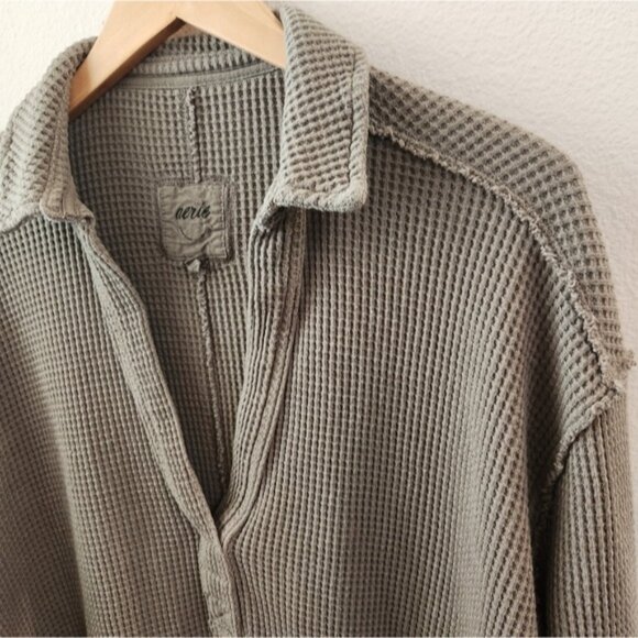 Aerie American Eagle Lumber Jane Waffle Polo Oversized Pullover Top Green Medium - Picture 3 of 8